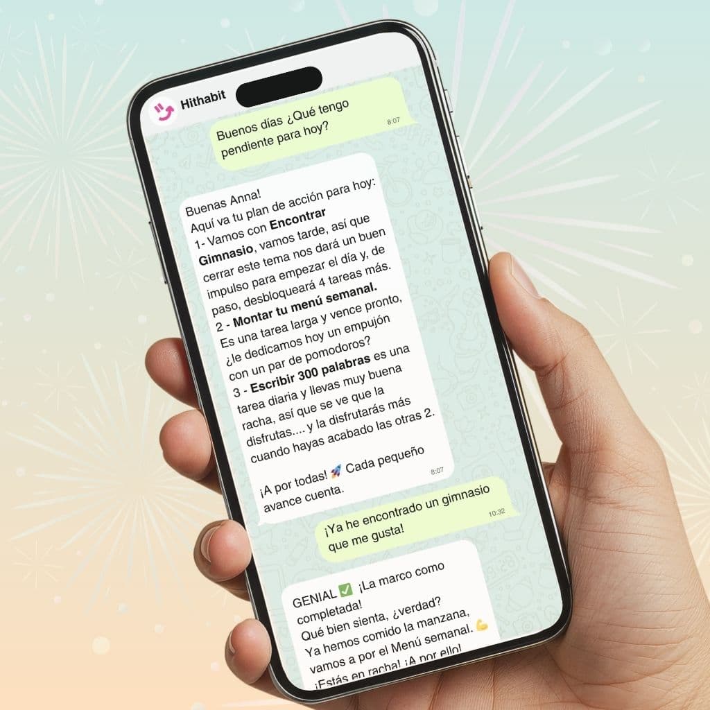 Conversación de coaching de Hithabit por chat: planifica tu día, recibe empujones del coach IA y celebra cada logro